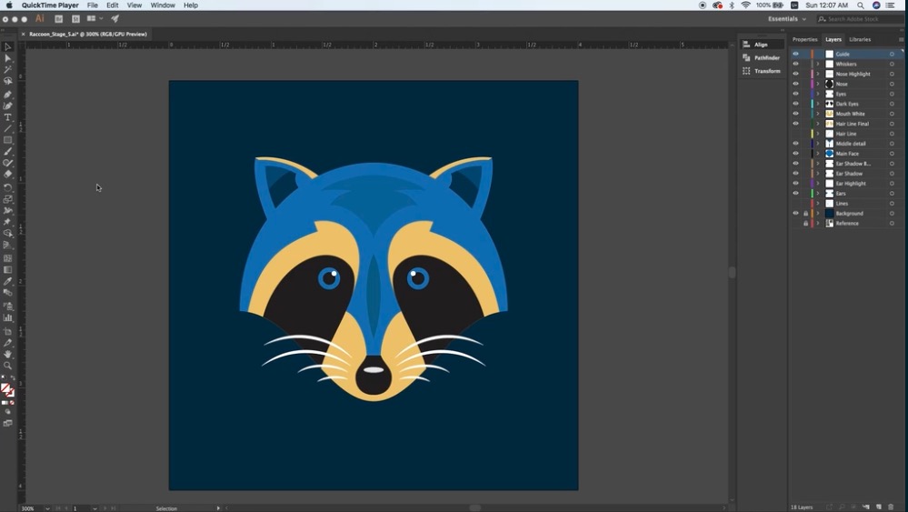 A blue and yellow racoon graphic, made out of curved lines and shapes as a vector image in Adobe Illustrator.