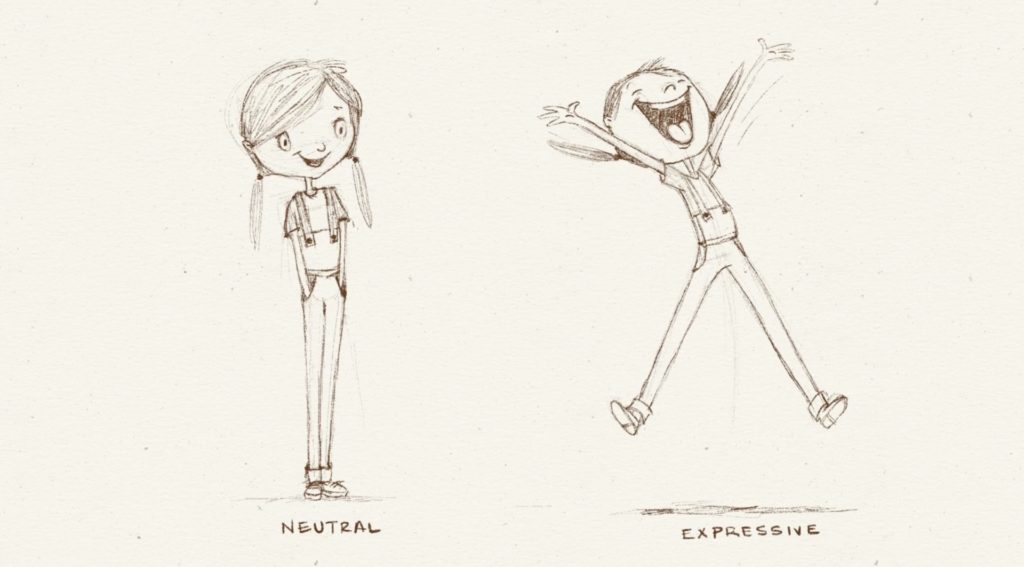Two grayscale illustrations of a young girl with pigtails. The girl on the right stands with her hands in her pockets, smiling, over the word “Neutral.” The girl on the left is mid-jump, with a huge smile on her face and her arms wide, over the word ‘Expressive.’