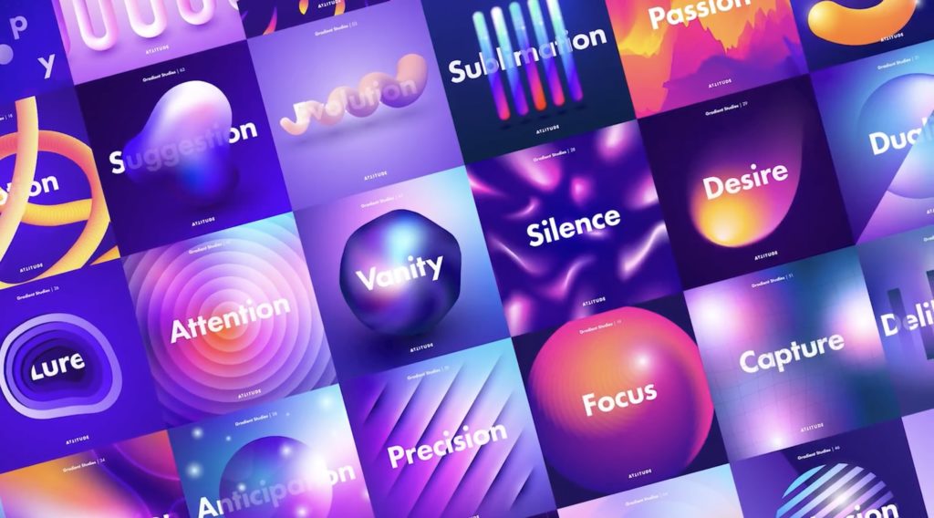 A collection of abstract images in shades of purple, orange, blue and pink, each with a word overlaid on top. Words include vanity, silence, desire, sublimation, passion, capture, and lure.