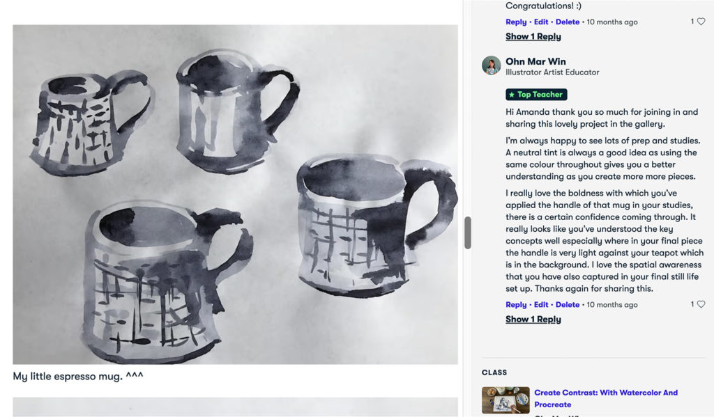 Grayscale illustration of four espresso mugs, each turned with the handle on the right.