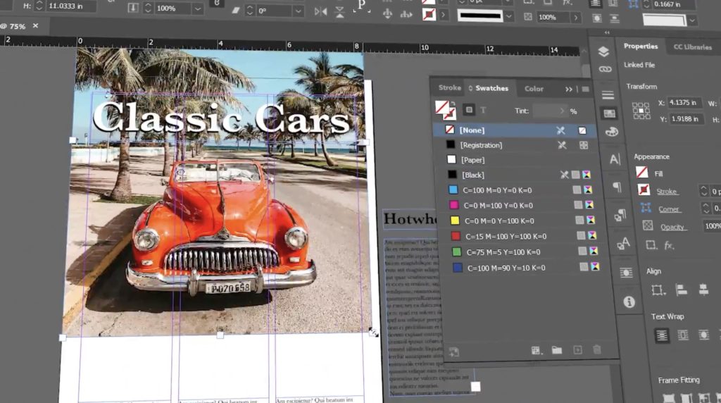 A screenshot from a graphic design project mid-process in InDesign. In the center we see an image of a vintage convertible on a road surrounded by palm trees, under the headline “Classic Cars.”