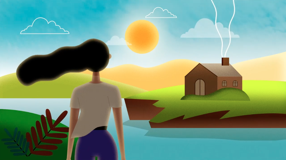 An illustrated woman stands facing the sun. Her hair and tshirt blow in the wind. She is on the bank of a river and across from her is a small house with smoke coming out of the chimney.