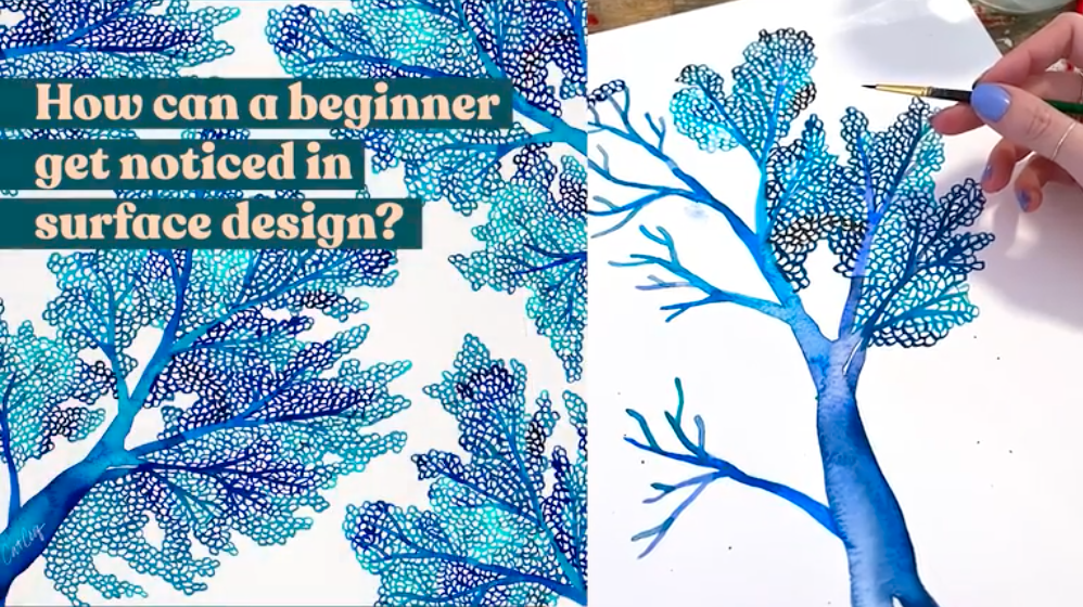 Split screenshot of a drawing of a tree. On the left is a zoomed-in image of the tree, which is various shades of blues and greens with small bubble-like leaves and a text overlay reading "How can a beginner get noticed in surface design?" On the right is a photo of the tree and its leaves being drawn, and a hand holding a very small paintbrush over the drawing.