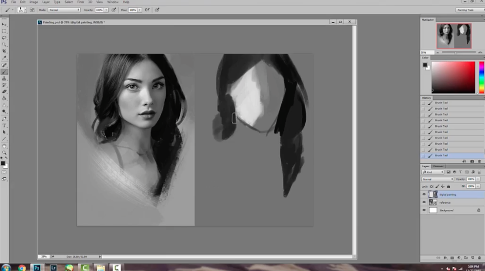 A screenshot of a black and white photo of a woman with long dark hair, and the beginnings of a digital drawing of the woman's face and hair.