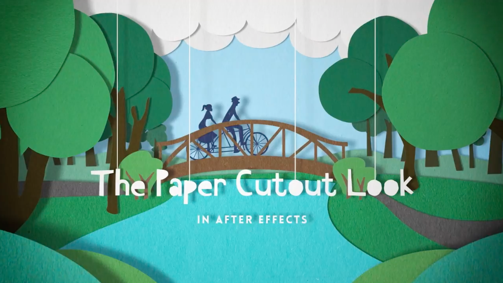 Animated scene in a Paper Cutout Style, featuring a 2 figures on a bicycle riding over a bridge. In the scene is a blue stream and lush green trues. In the middle of the frame are the words "The Paper Cutout Look in After Effects."