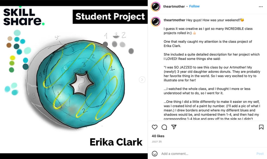 Illustration of a teal-colored donut with a lime-green squiggle over the top, and a smattering of dots to the left of it in various shades of teal, green and brown.