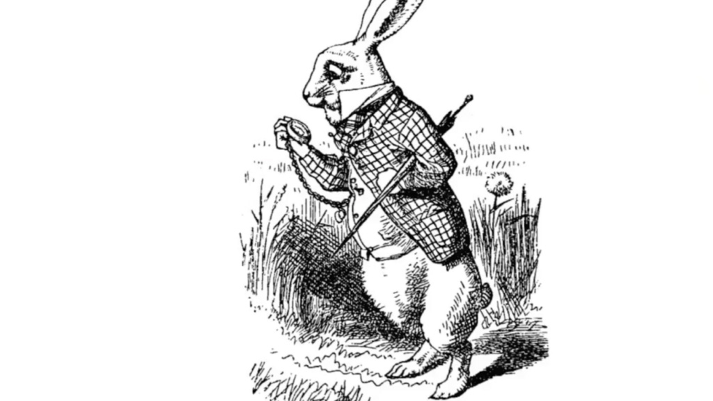 A black and white drawing shows White Rabbit examining his pocket watch in a field of grass. The rabbit is dressed in a waistcoat and a checkered jacket, while holding an umbrella.