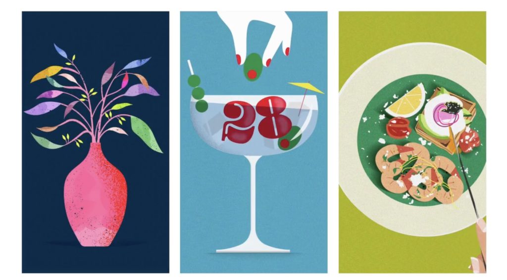 A triptych illustration. The first panel features a pink vase with multicolored flowers. The second panel features a hand dropping an olive into a martini glass with the number 28 floating inside of it. The third panel features a plate containing a lemon, some shrimp, and some tomatoes.