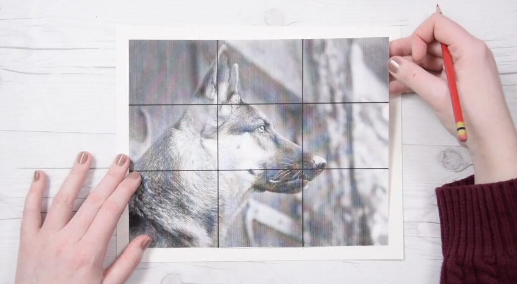 An image of a wolf, broken into a grid of nine squares, is held over a piece of paper and a white wooden surface by artist Denise Soden’s hands. In her right hand, she’s also holding a red pencil. 