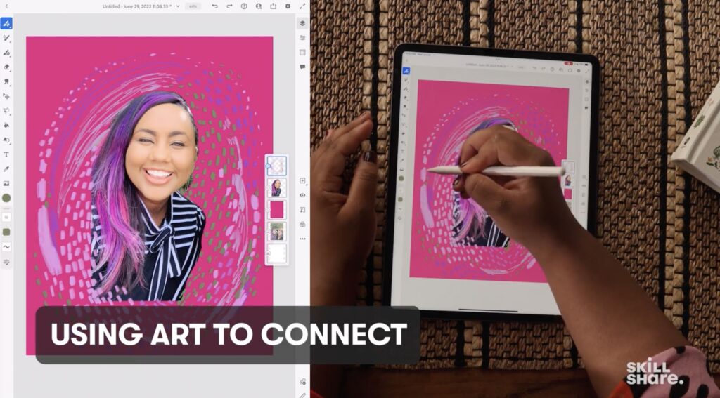 A split-screen; on the left, a self-portrait of Nichols, where she’s laid a photo of herself over an abstract pink and purple design. On the right, an overhead shot of Nichols creating this portrait on her iPad. Overlaid across the image are the words “Using art to connect.” 