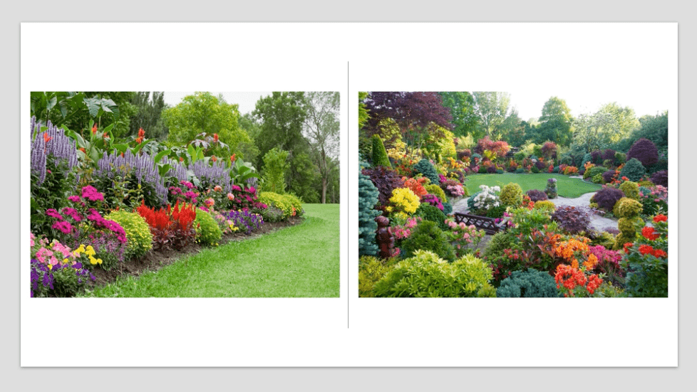 Two side-but-side photos of bright gardens featuring lush green grass and vivid, colorful bushes and flowers.