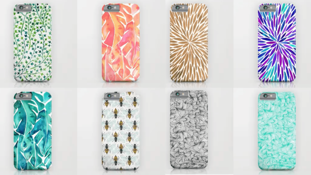 Eight water-colored phone cases pop off the page with their nature-based motifs.