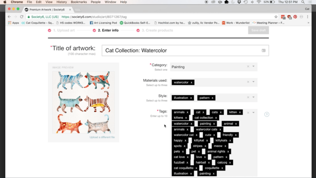 A web browser screen shows the inside of a Society6 shop that includes watercolor cats and a variety of tags.
