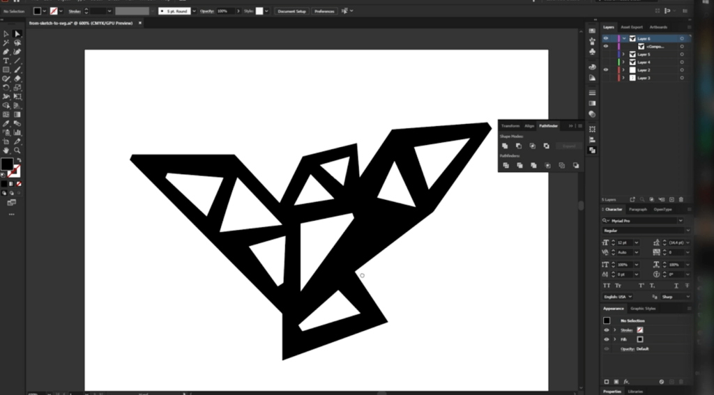 A black and white, geometric image of a bird is visible within Adobe Illustrator.