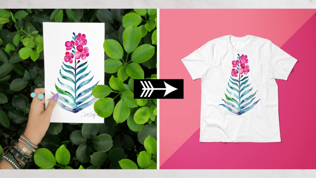 Bright pinks and faded blue-greens make up this watercolor flower creation to the left. On the right, the dazzling artwork has been placed onto a white t-shirt.