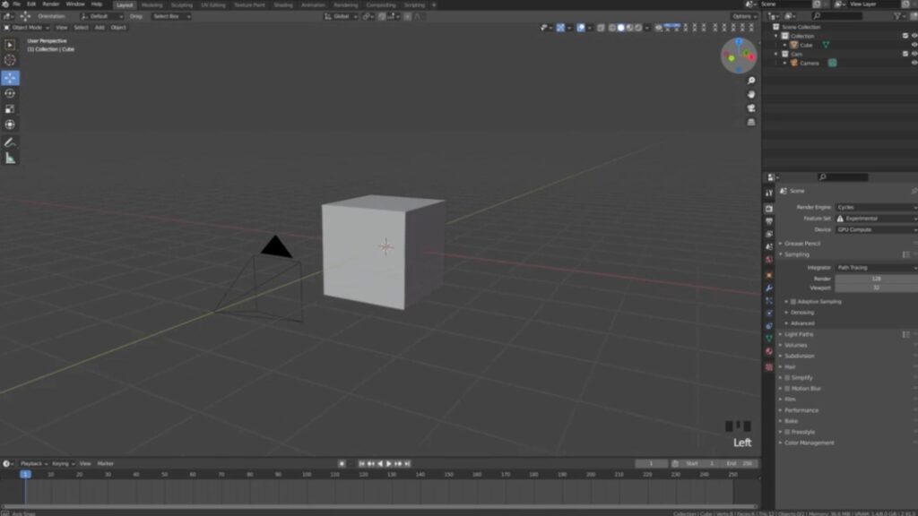 The dashboard of Blender’s animation software showing a simple cube design.