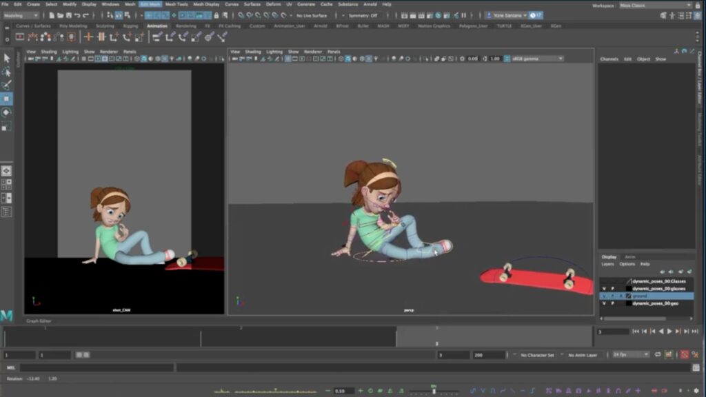 An animated girl in a green shirt and jeans sitting with her red skateboard after being created in Maya.