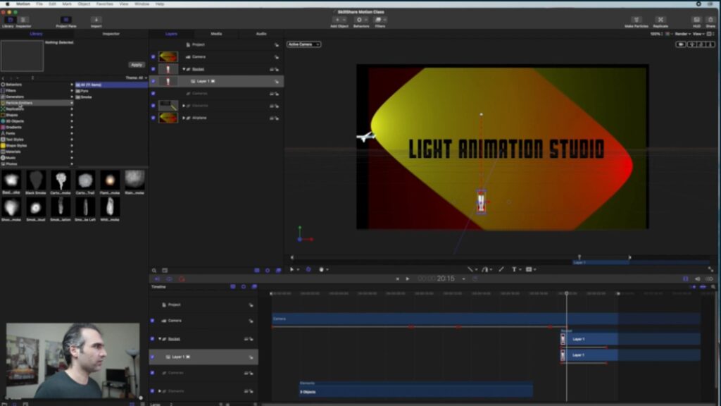 Motion 5’s dashboard has several panels open at once to help you create an animation.