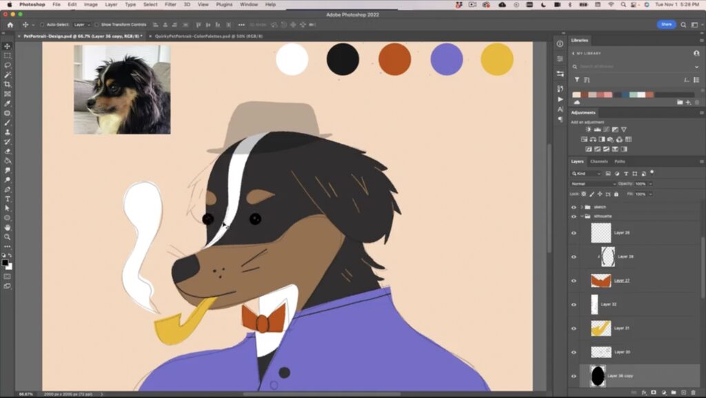 A screenshot of a pet portrait mid-process in Adobe Photoshop. It’s a brown, black and white dog dressed in a shirt and tie, smoking a pipe.