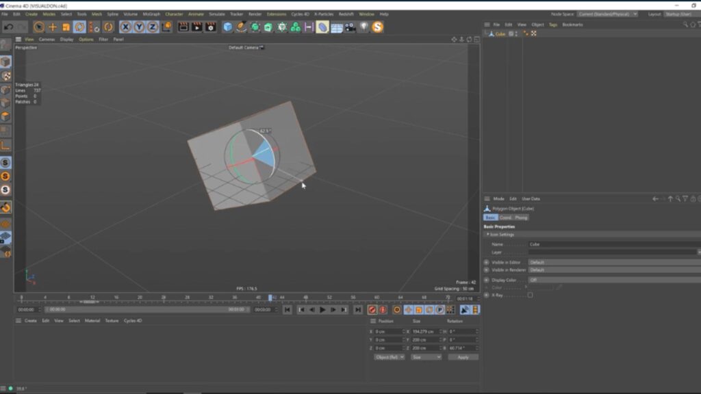 Cinema 4D’s dashboard showing an animated cube, made for beginner 3D animators.