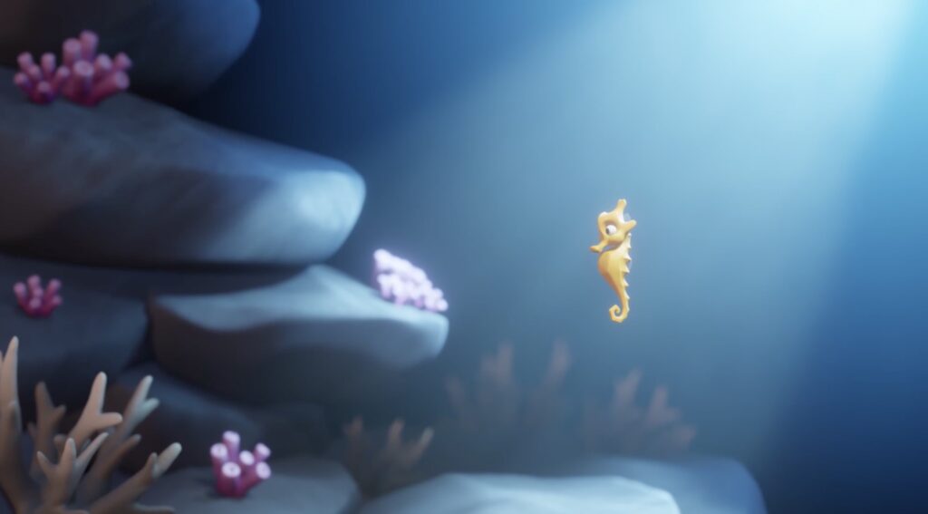 A 3D rendering of a small yellow seahorse in the ocean, bathed in light from above, next to some large gray rocks.