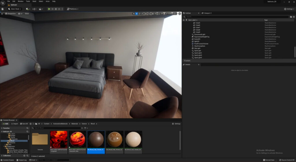 Within Unreal Engine 5, an interior bedroom scene is displayed. It consists of a modern bed, nightstand, two chairs and two plants, all on a hardwood floor. Below the scene, a menu displays various texture options.