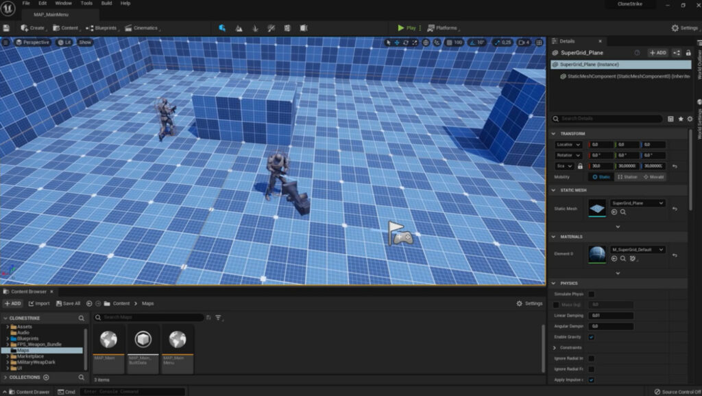 Within Unreal Engine 5, a third-person shooter game is displayed. The current scene depicts two players, represented by gray human-like forms, walking through a blue checkerboard-pattern 3D space.