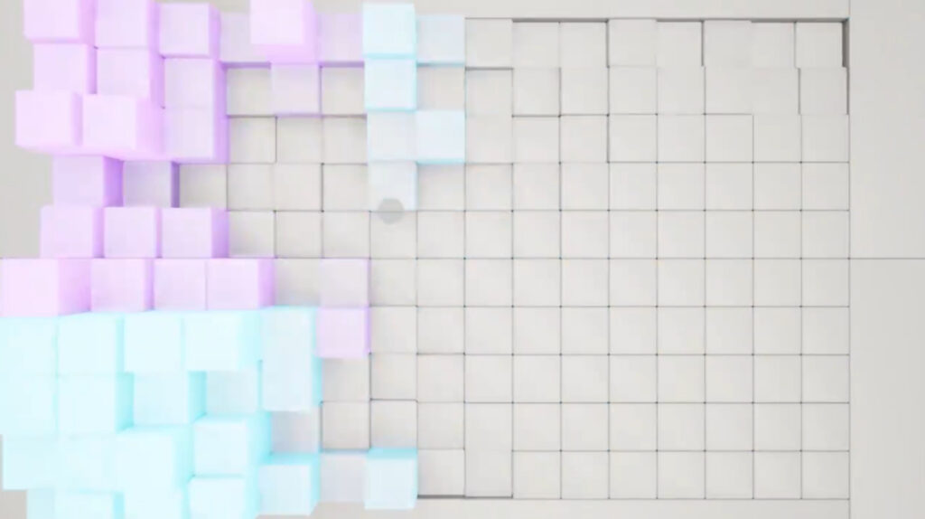 Blue and pink blocks rising at varying heights from a cream-colored grid. The blocks in the bottom left are the tallest, while those in the upper right are the shortest.