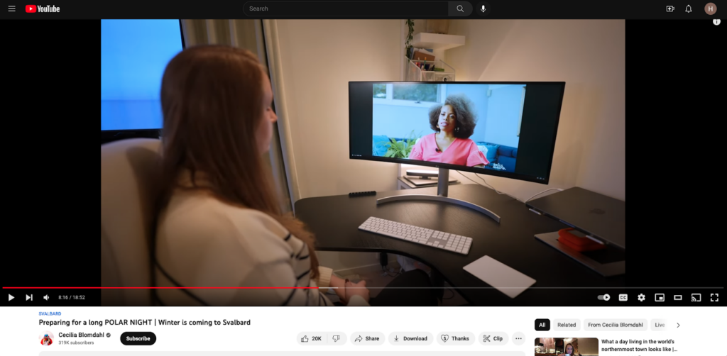 YouTuber Cecilia Blomdahl watching a Skillshare video from her home office in Svalbard.