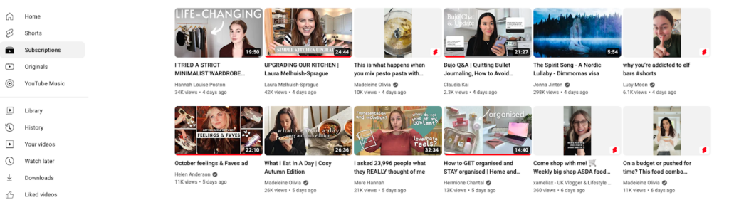 The dashboard of a YouTube subscriber’s account, showing recent videos from the channels they follow.