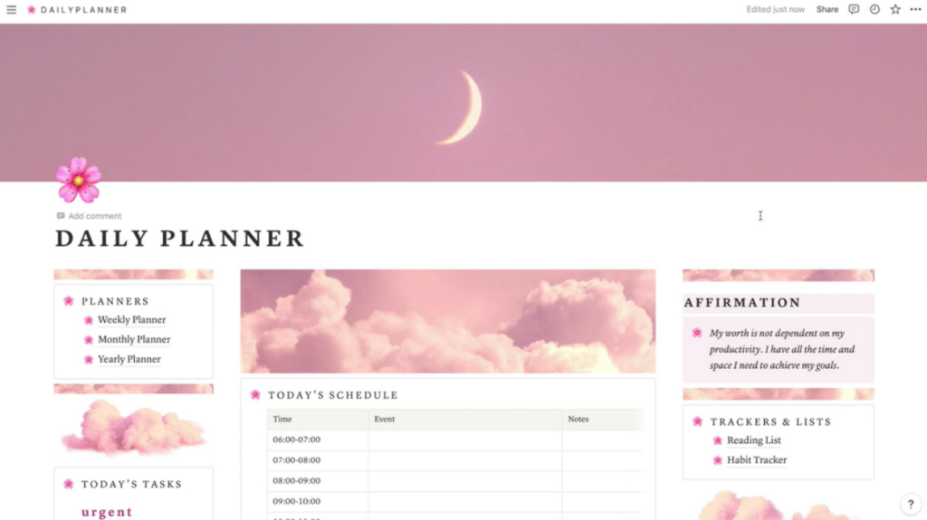 A daily planner template in Notion with a pink color scheme. The header image is a crescent moon in front of a pink sky, while the other graphics include pink-tinted clouds.
