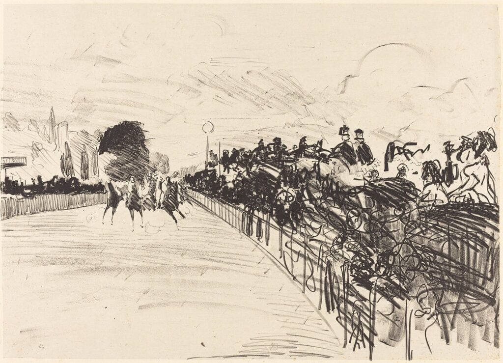 A charcoal sketch on cream paper. Very gestural and scibbly lines depicting a crowd on the left that disappears into the distance. Horses with jockeys on them race towards us from the back left area of the image.