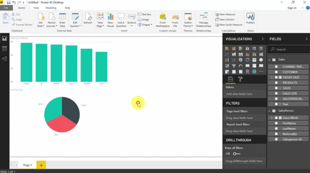 One bar graph and one pie chart being created within the program Power BI.