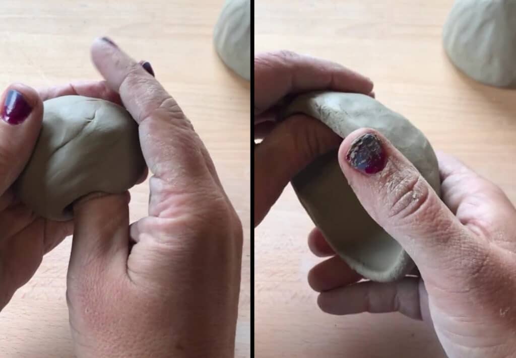 A composite image showing how the pinching technique can create a pot. The left image shows a hole being made with the thumb, and the right image shows a bowl forming after the edges have been pinched.