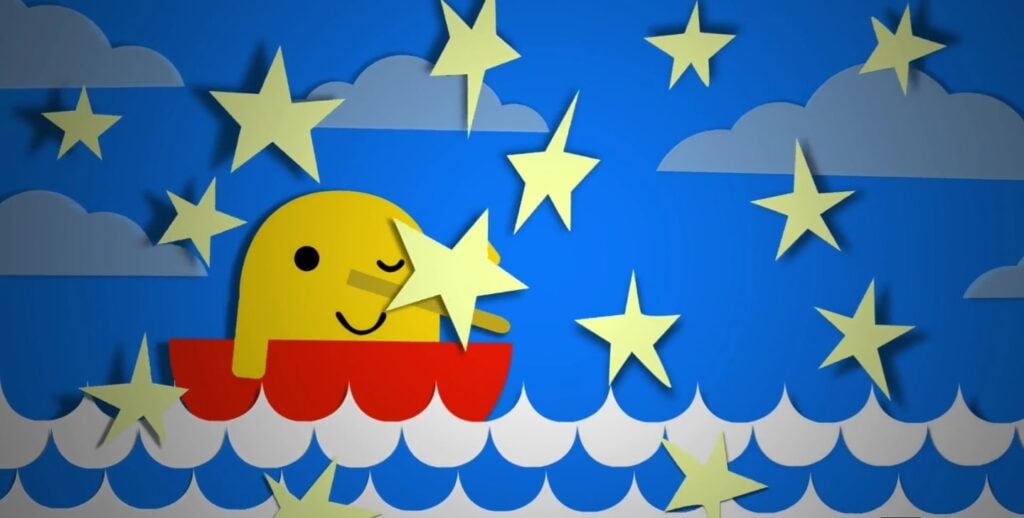 Simply drawn, cute yellow character in a red boat on blue and white waves surrounded by blue sky, clouds and pale yellow stars.