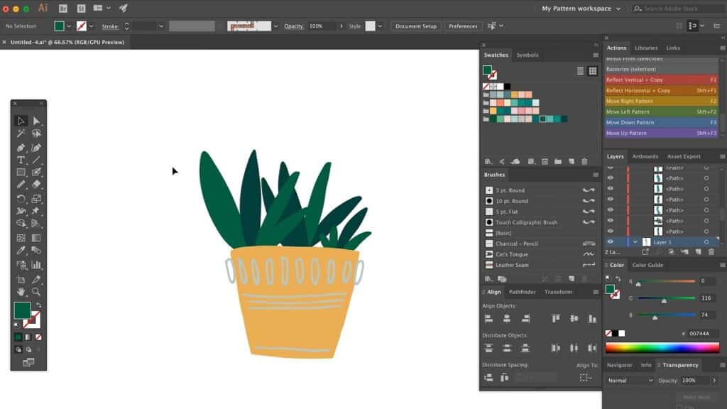 An illustration of a plant in a pot is open in Adobe Illustrator. The leaves are colored in different shades of green; the pot is yellow with gray ornaments.