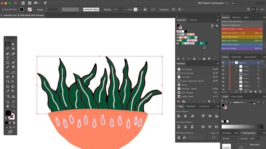 An illustration of a plant in a pot is open in Adobe Illustrator. The leaves are green with a black outline; the pot is orange with pink ornaments.