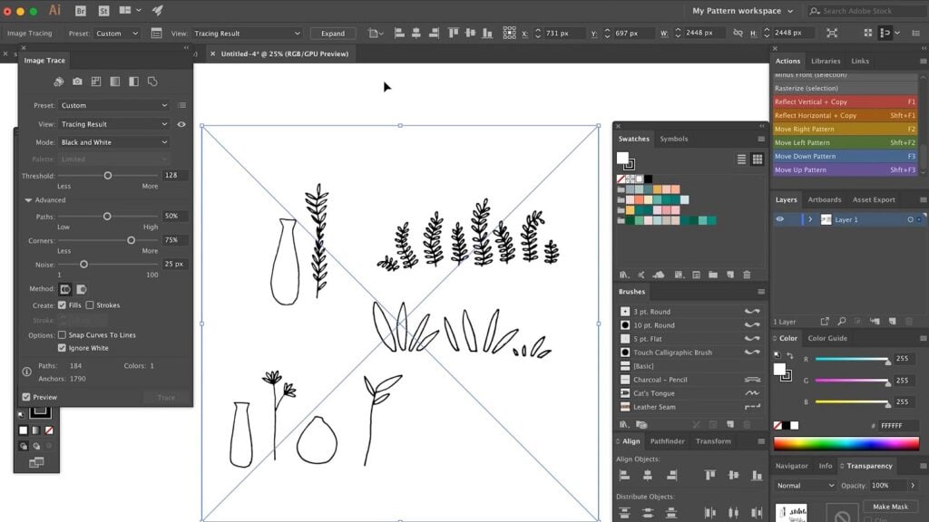 The disassembled plant sketches are open in Adobe Illustrator with a preview of what they’ll look like once the image tracing is complete.