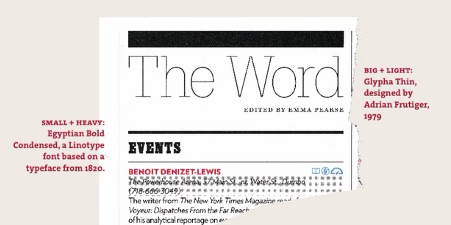 A corner of a New York Magazine page showcasing a mix of fonts. The page title uses Glyphia Thin, a big and light font designed by Adrian Frutiger in 1979. It’s contrasted by the subheader that uses a small and heavy font called Egyptian Bold Condensed. It’s a Linotype font based on a typeface from 1820.