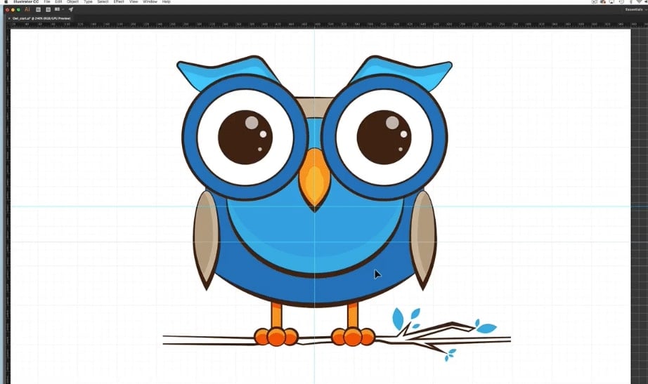 A digital cartoon of a blue and gray owl standing on a monochrome branch and looking out with big eyes.