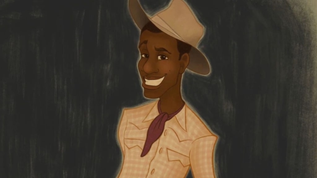 A Black male cartoon character wearing a yellow plaid shirt, red ascot and a beige hat smiles from the page.
