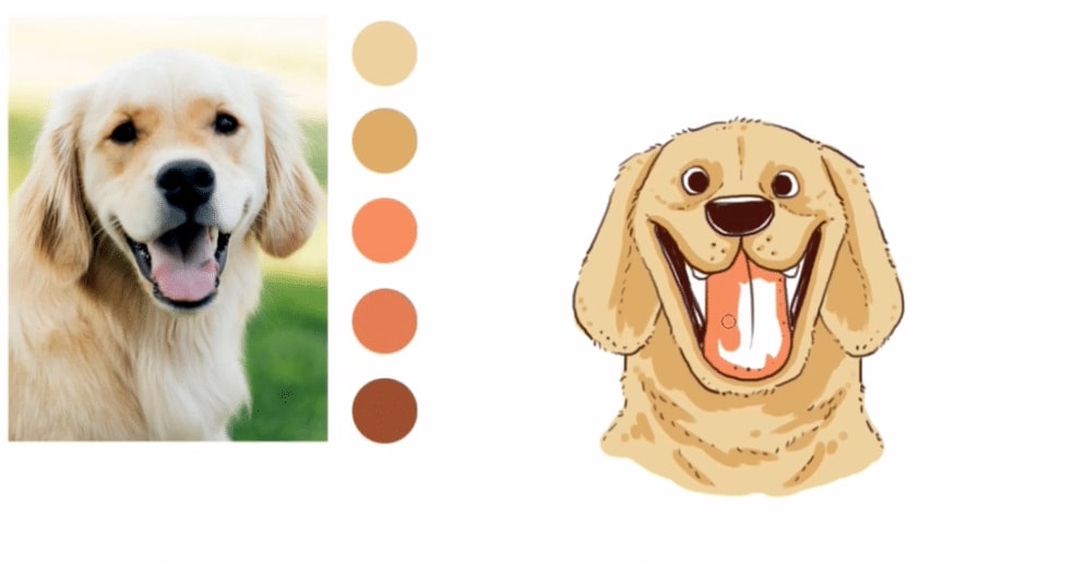 A reference photo of a golden retriever with a cartoon version of the image next to it.