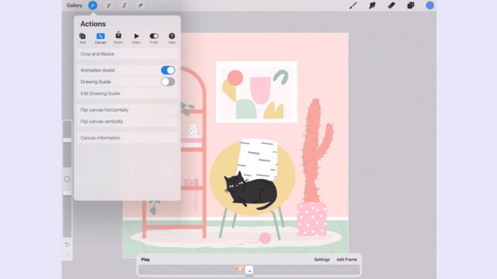 The user interface of the Procreate app. On the canvas is an image of a black cat lounging in a yellow chair. The Actions menu is open in the upper left corner, and within that menu a toggle labeled ‘Animation Assist’ is turned on.