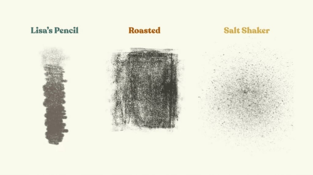 Three Procreate brushes arranged side by side. One is labeled ‘Lisa’s Pencil’ and looks like pencil shading, one is labeled ‘Roasted’ and looks like charcoal, and one is labeled ‘Salt Shaker’ and looks like scattered speckles.