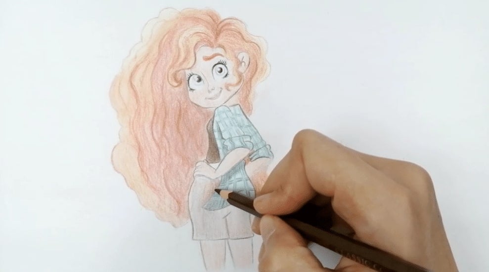 A female cartoon character drawn in pencil with red wavy hair, brown shorts and a blue flannel shirt.