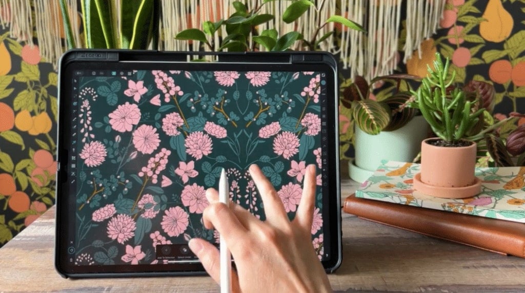 A person's hand holding an Apple Pencil and zooming out on a pink and green floral pattern on a tablet. In the background, several potted plants are visible.