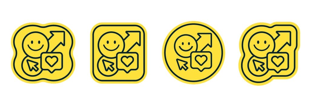 Four yellow badges in different shapes including square, round and four-leaf shamrock. All the badges have a smiley face, an arrow pointing up and to the right, a cursor, and a small speech bubble with a heart inside.
