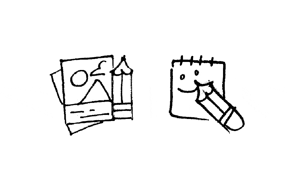 An animated image demonstrating Kevin’s conceptual sketches for the badges evolving to the final product. Sketches include pencils, paper and a tiny image of a mountain and sun.