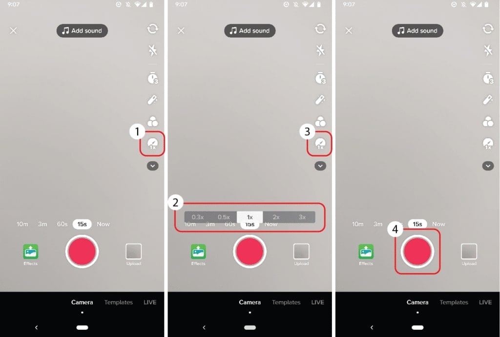 Three screenshots of the TikTok app appear side by side, demonstrating where to press the Speed button, how to choose a new speed and where to start recording.