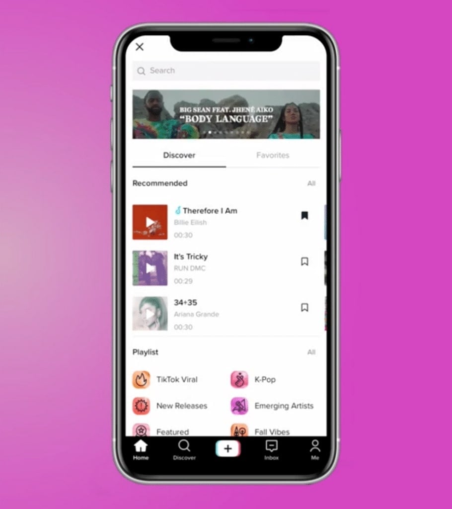 A phone on a purple background shows the music library page within TikTok with a few recommended sounds and playlists.